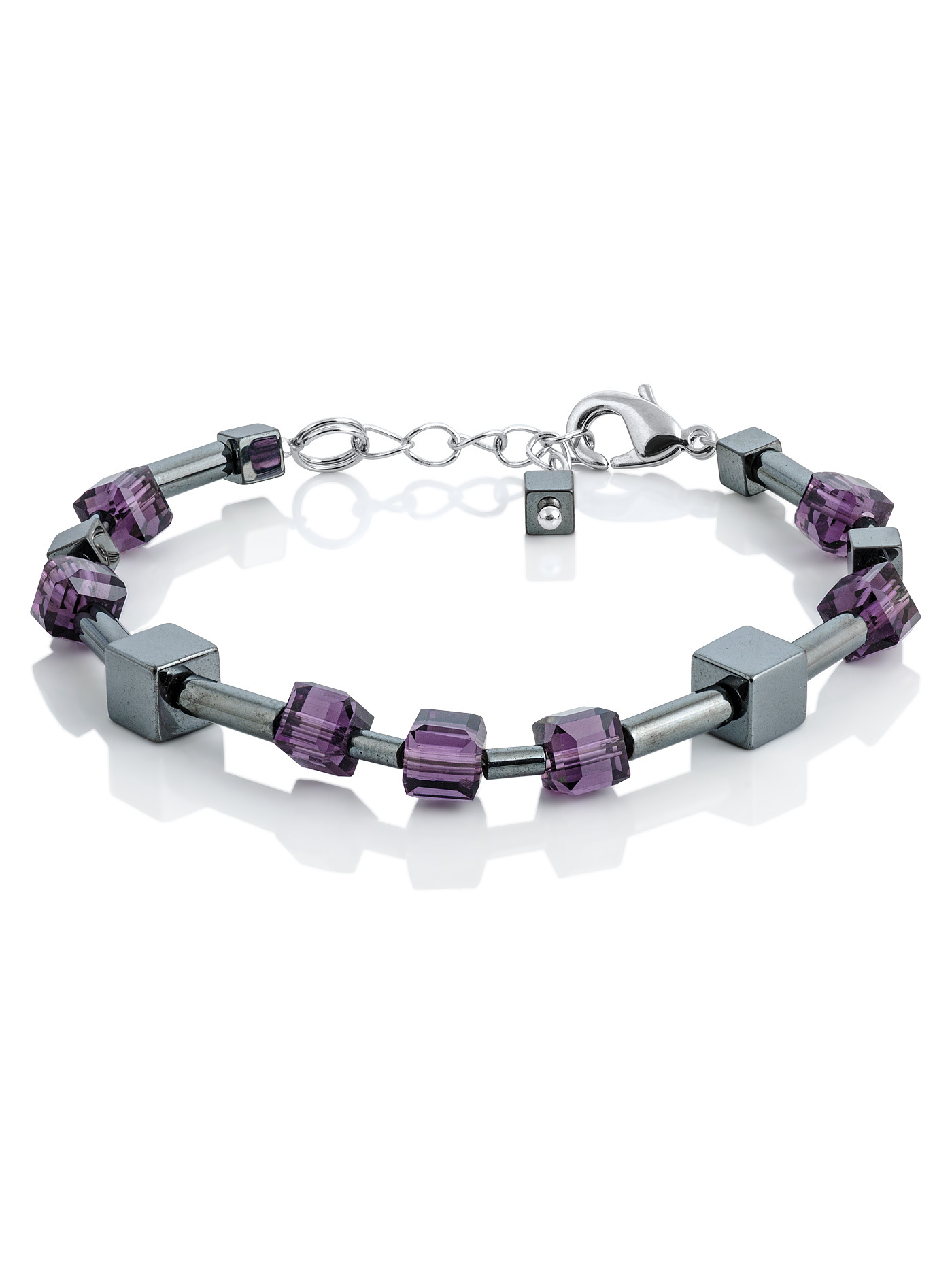 Дизайнерский геометрический браслет на руку с кубиками натурального гематита и фиолетовыми кристаллами