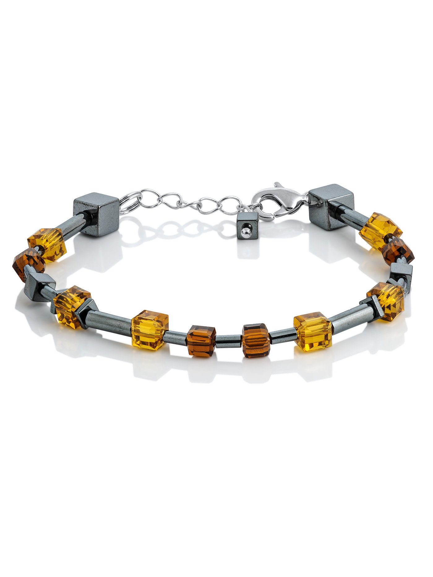 Дизайнерский геометрический браслет на руку с кубиками натурального гематита и коричневыми и желтыми кристаллами