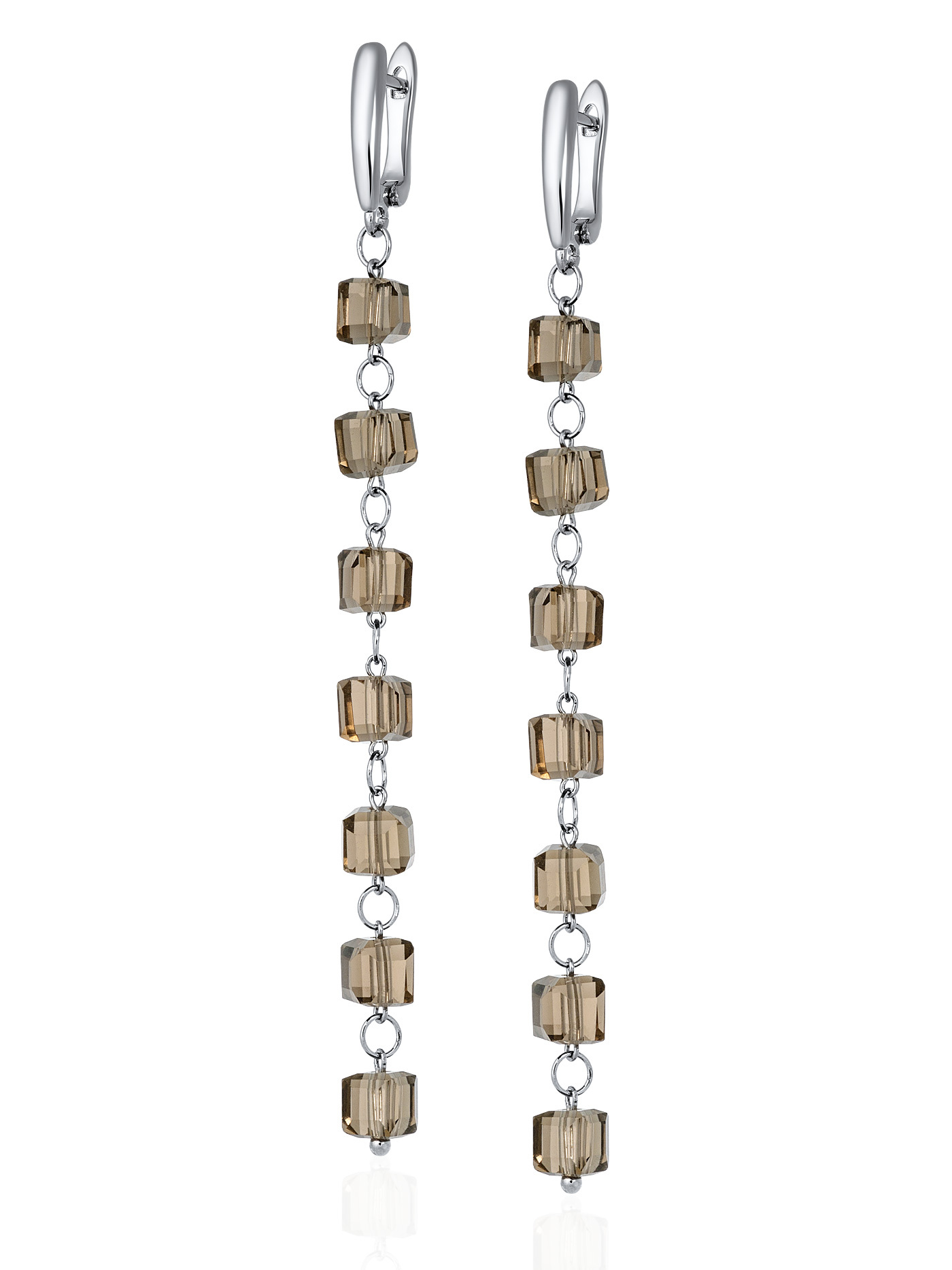 Дизайнерские коричневые длинные серьги с кубиками кристаллами