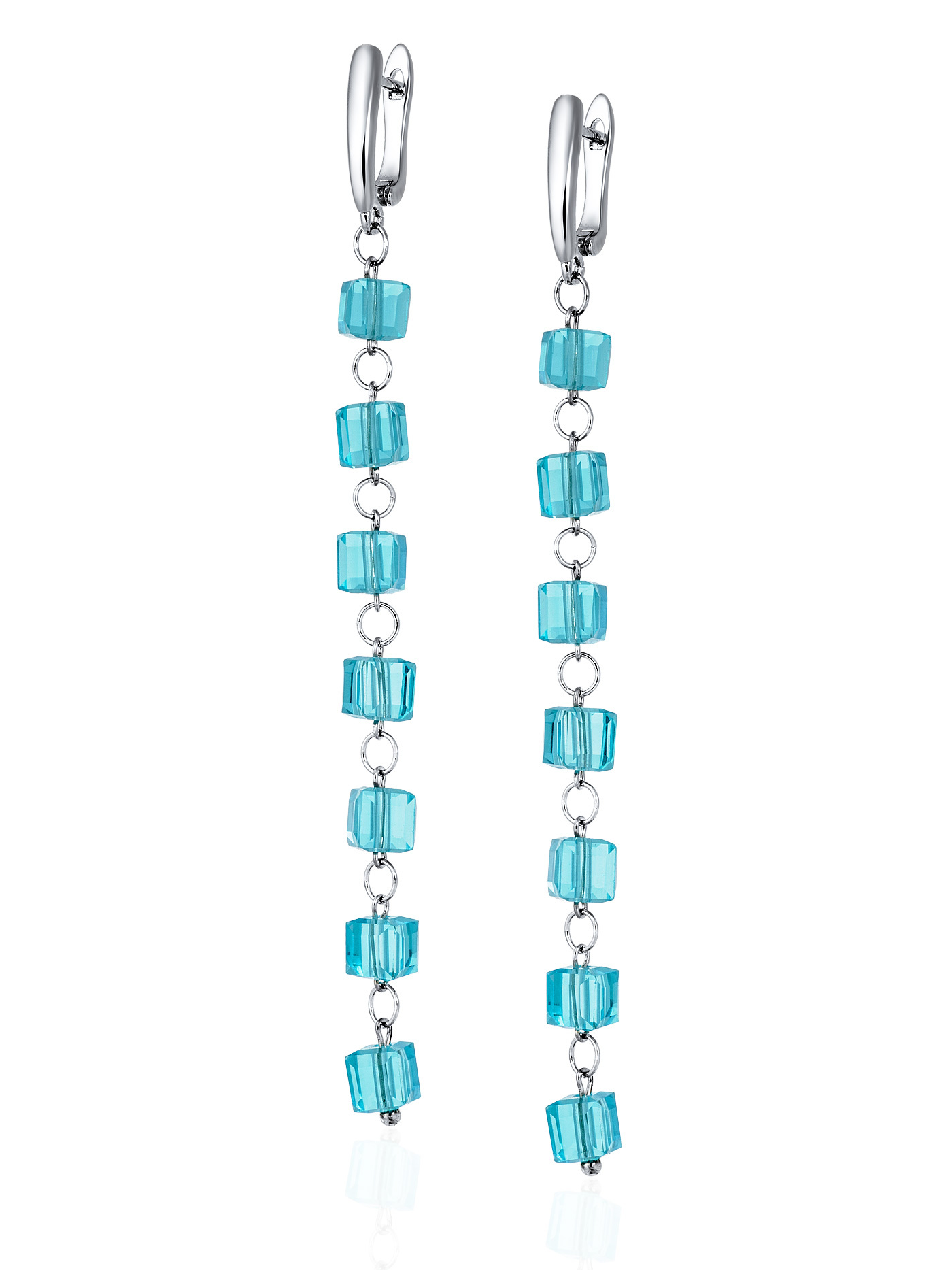 Дизайнерские голубые длинные серьги с кубиками кристаллами