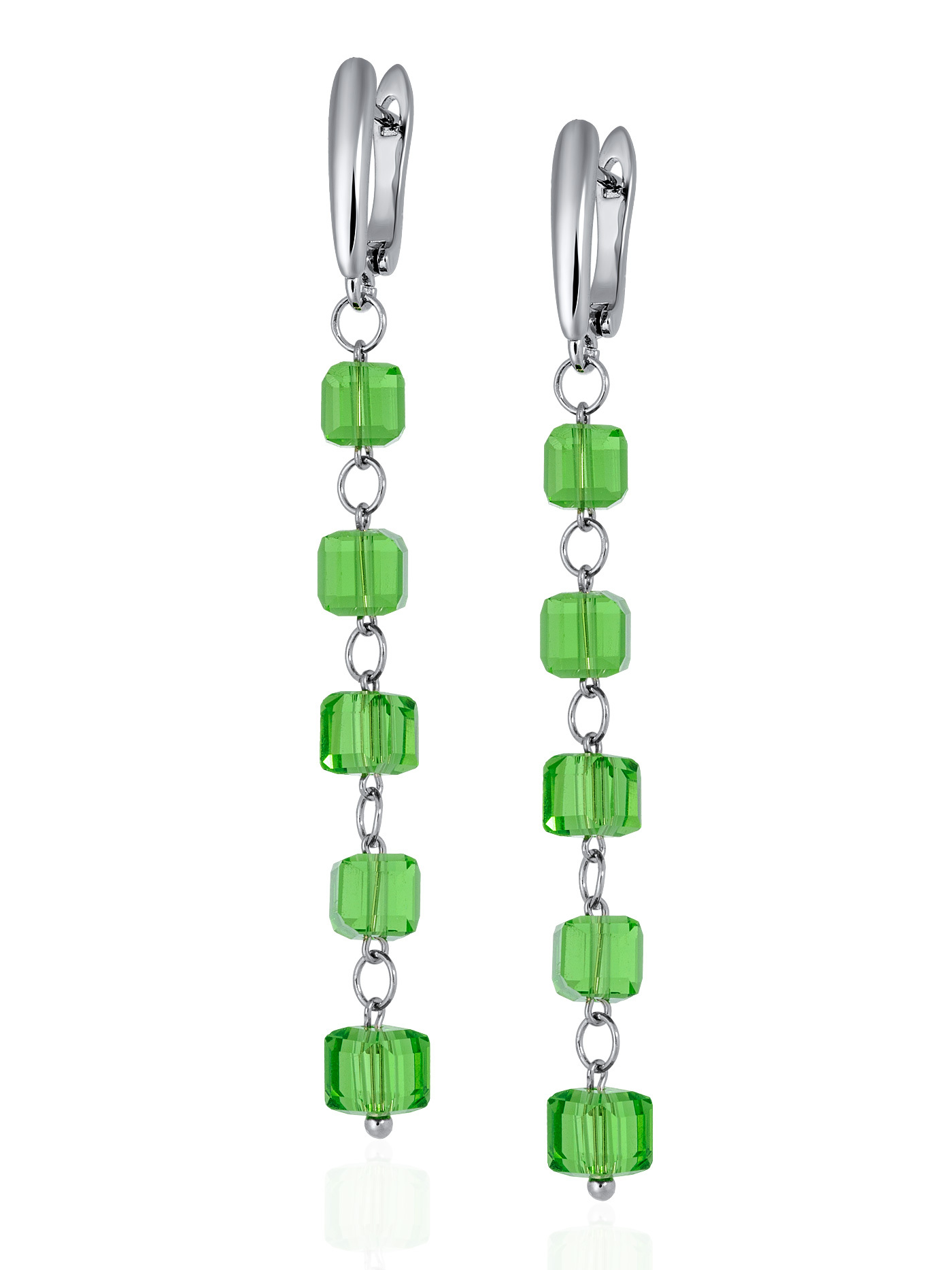 Дизайнерские зеленые длинные серьги с кубиками кристаллами