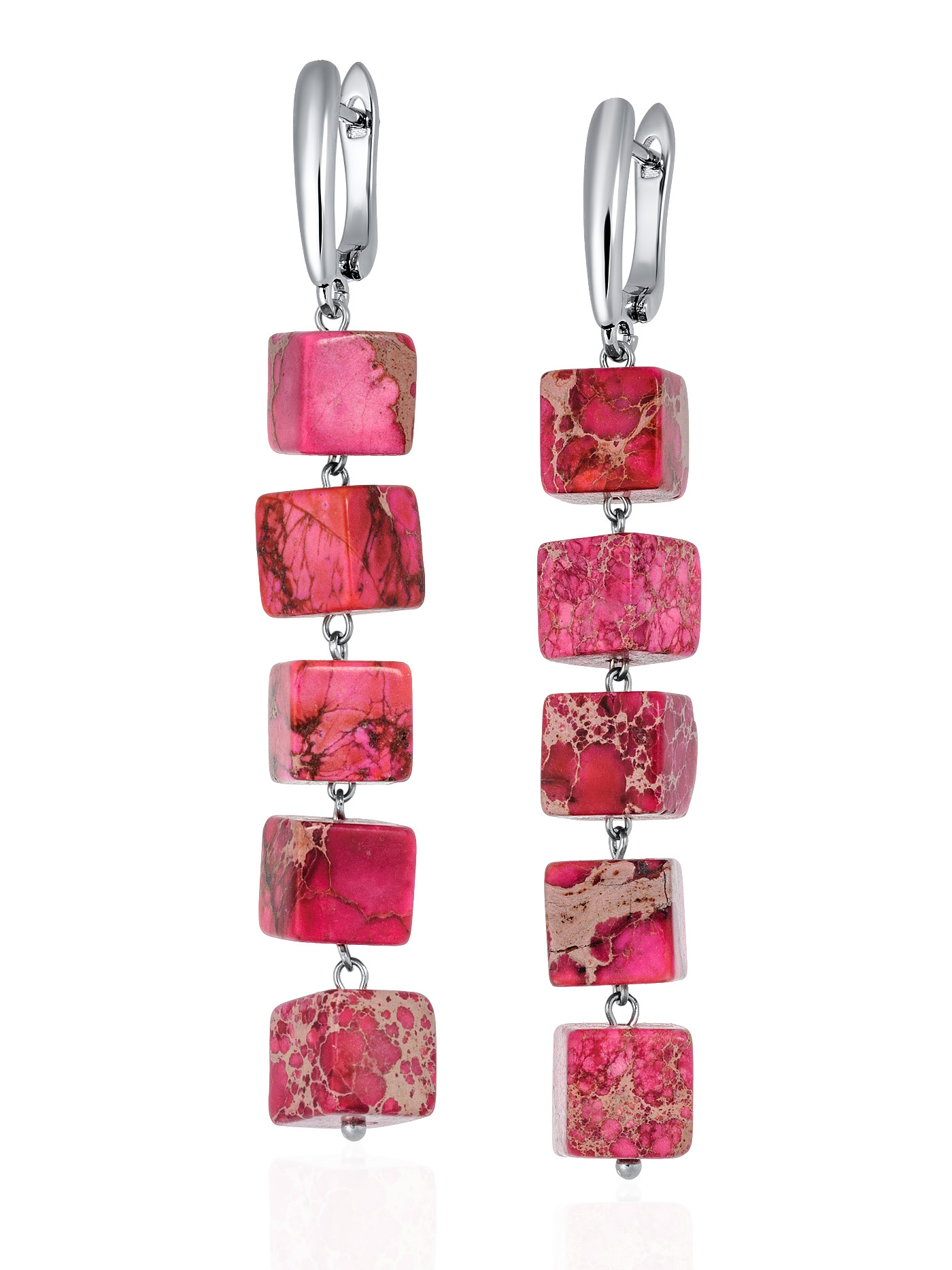 Длинные ярко розовые серьги из натурального, прессованного камня варисцита