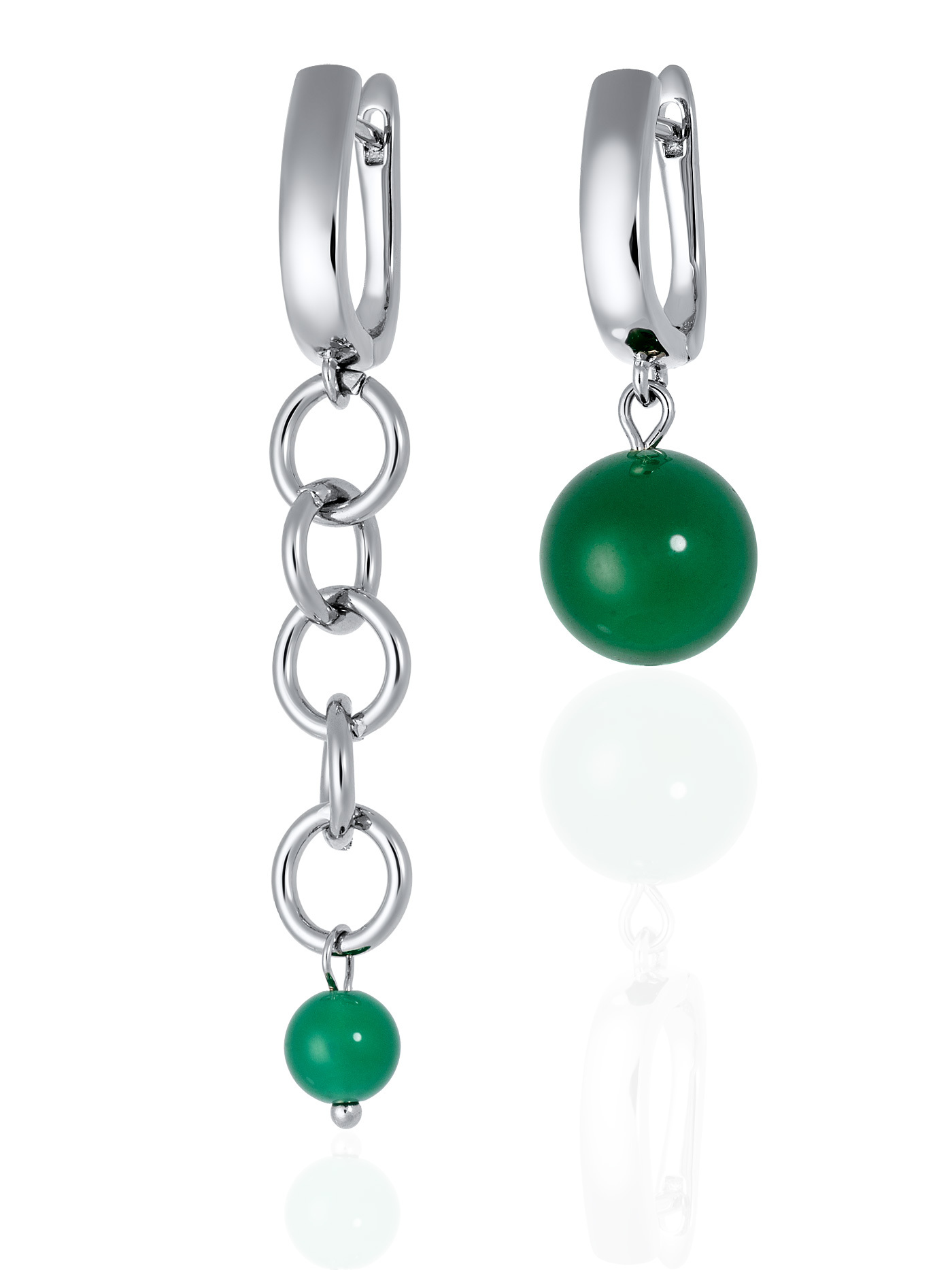 Асимметричные непарные дизайнерские серьги с натуральными камнями - зеленым агатом