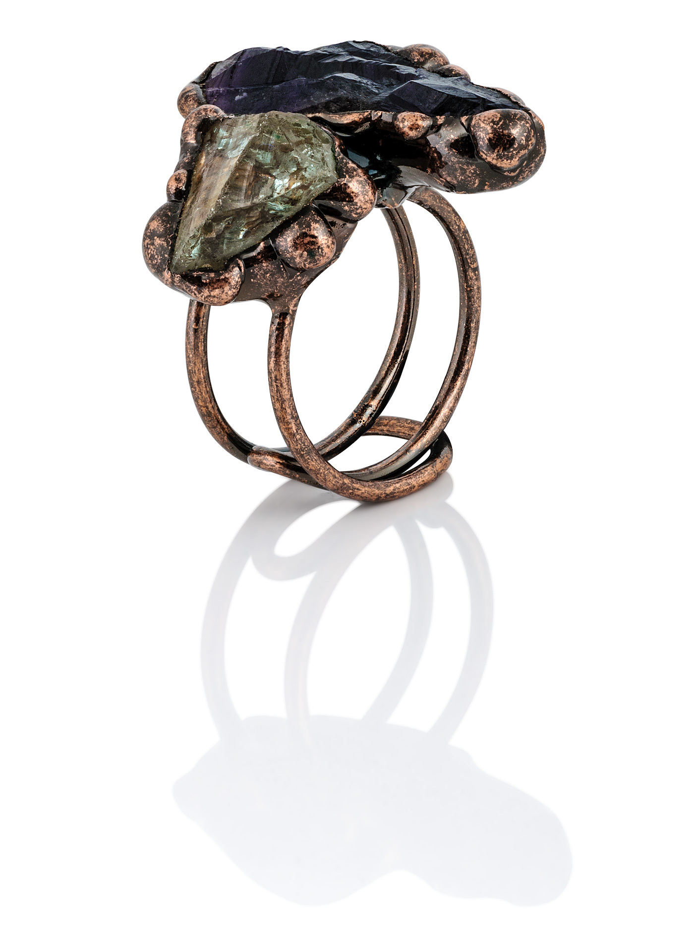 Женское бронзовое кольцо с натуральными аметистом и цитрином