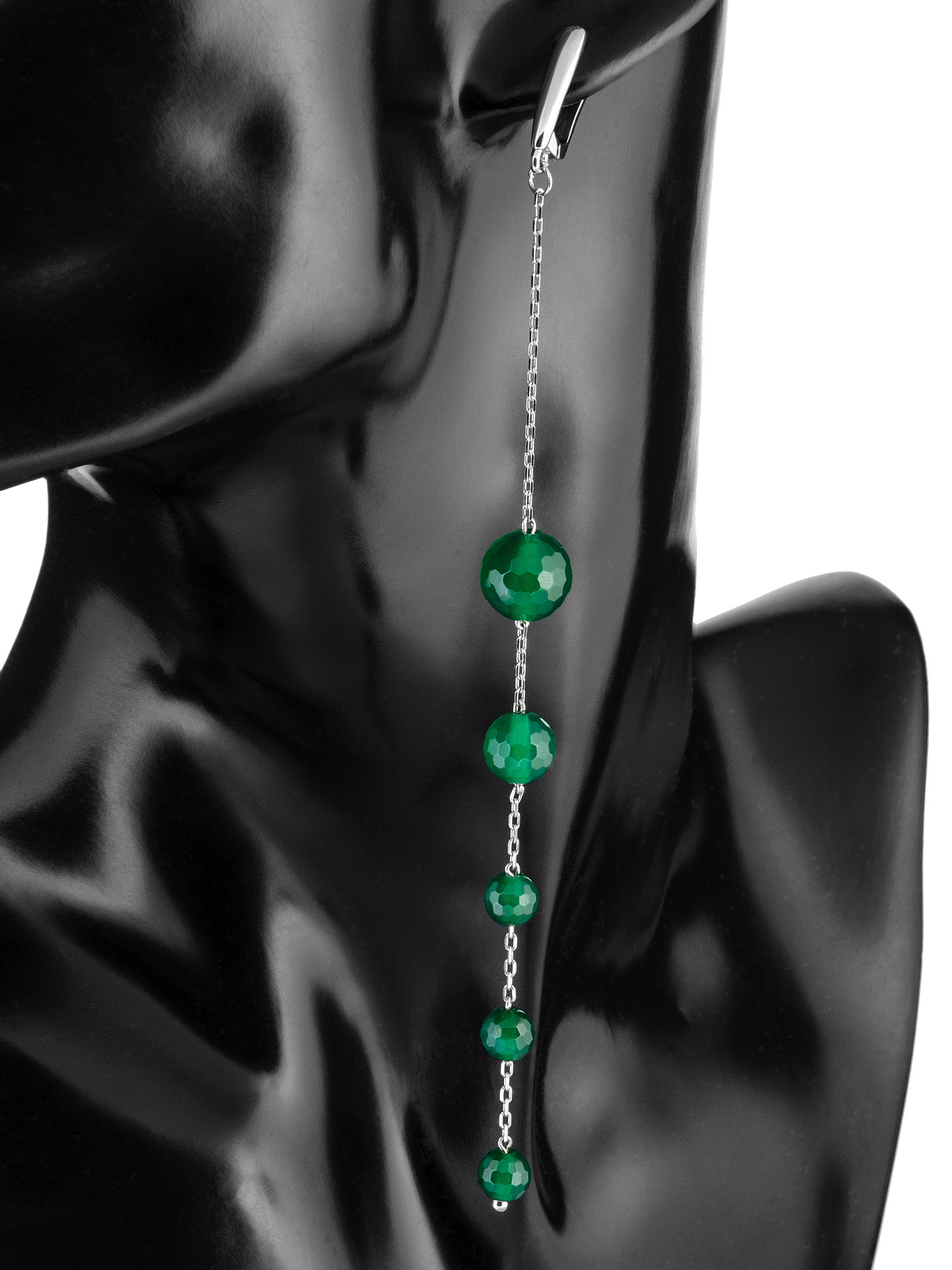 Длинные асимметричные женские серьги с натуральным зеленым агатом