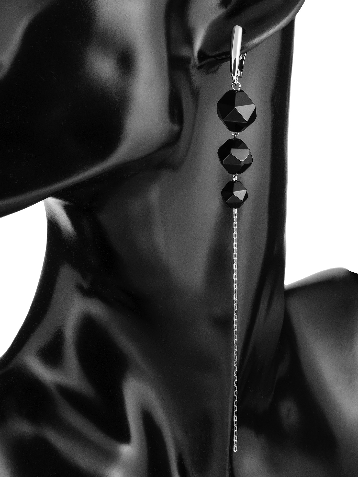 Длинные асимметричные женские серьги с натуральным черным агатом